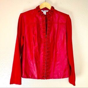 NYGARD Red Sweater Knit Faux Leather Zip Front Ruffle Jacket Large